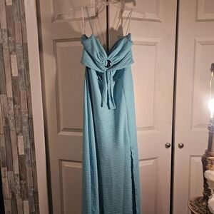 Aqua Blue Ring-Front Pleated Maxi Dress